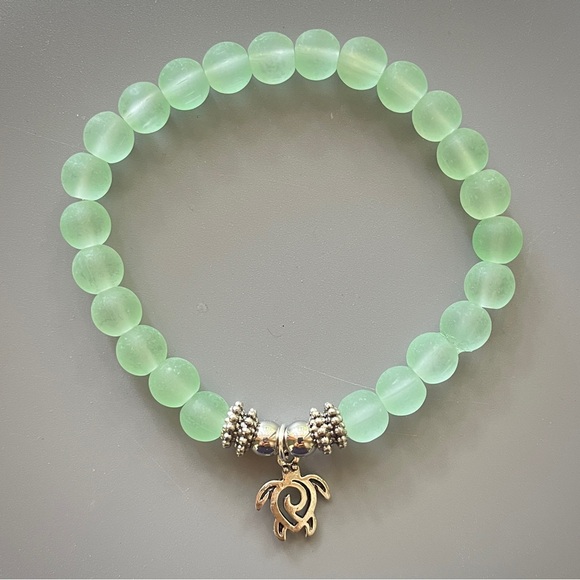 Hand Crafted Jewelry - Green Sea Glass Handcrafted Beaded Bracelet with Turtle Charm